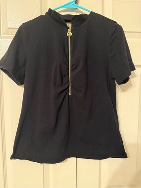 Michael Kors Black Short-Sleeve Zip Pullover Tee with Gold Hardware